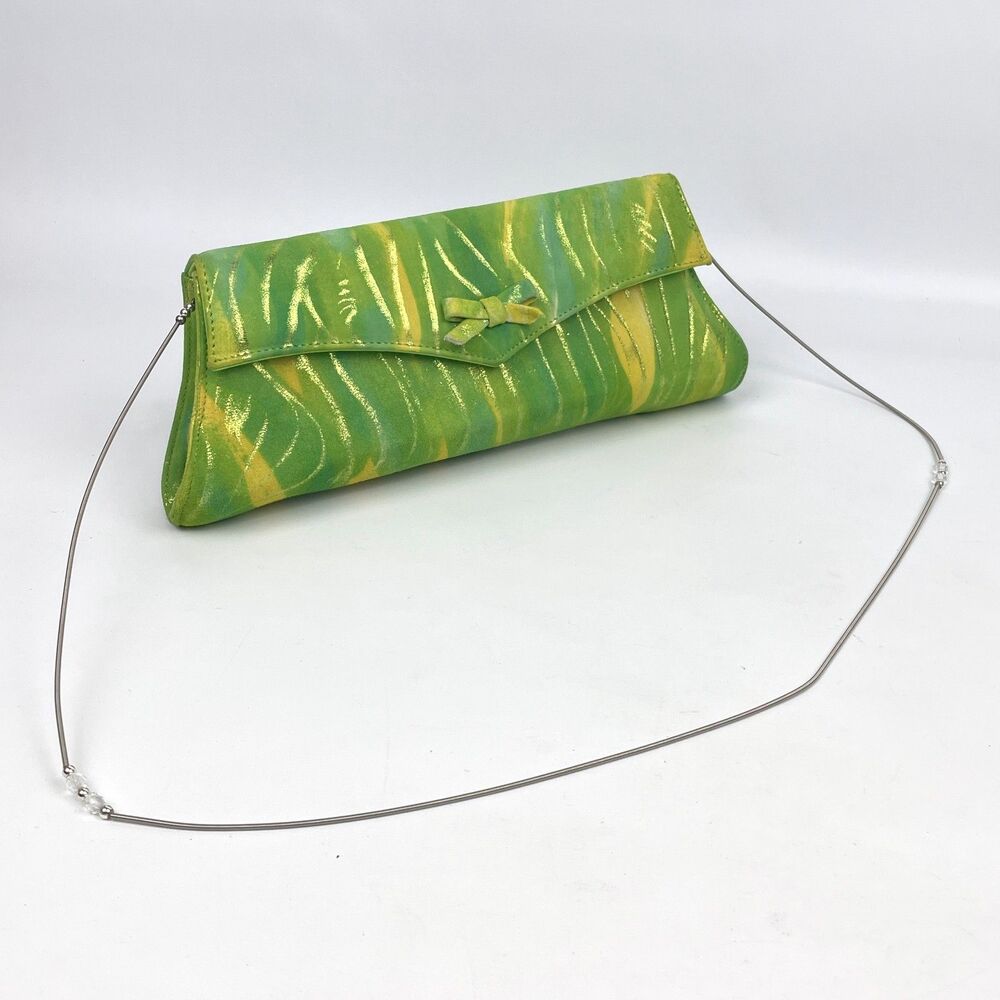 Vera Pelle Green Yellow Suede Gold Shimmer Envelope Clutch Purse w/ Wire Strap